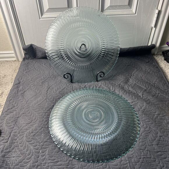 Vintage ARCOROC Blue Seabreeze Swirl Clear Glass 16D” Platter Serverware Dining - Picture 2 of 7